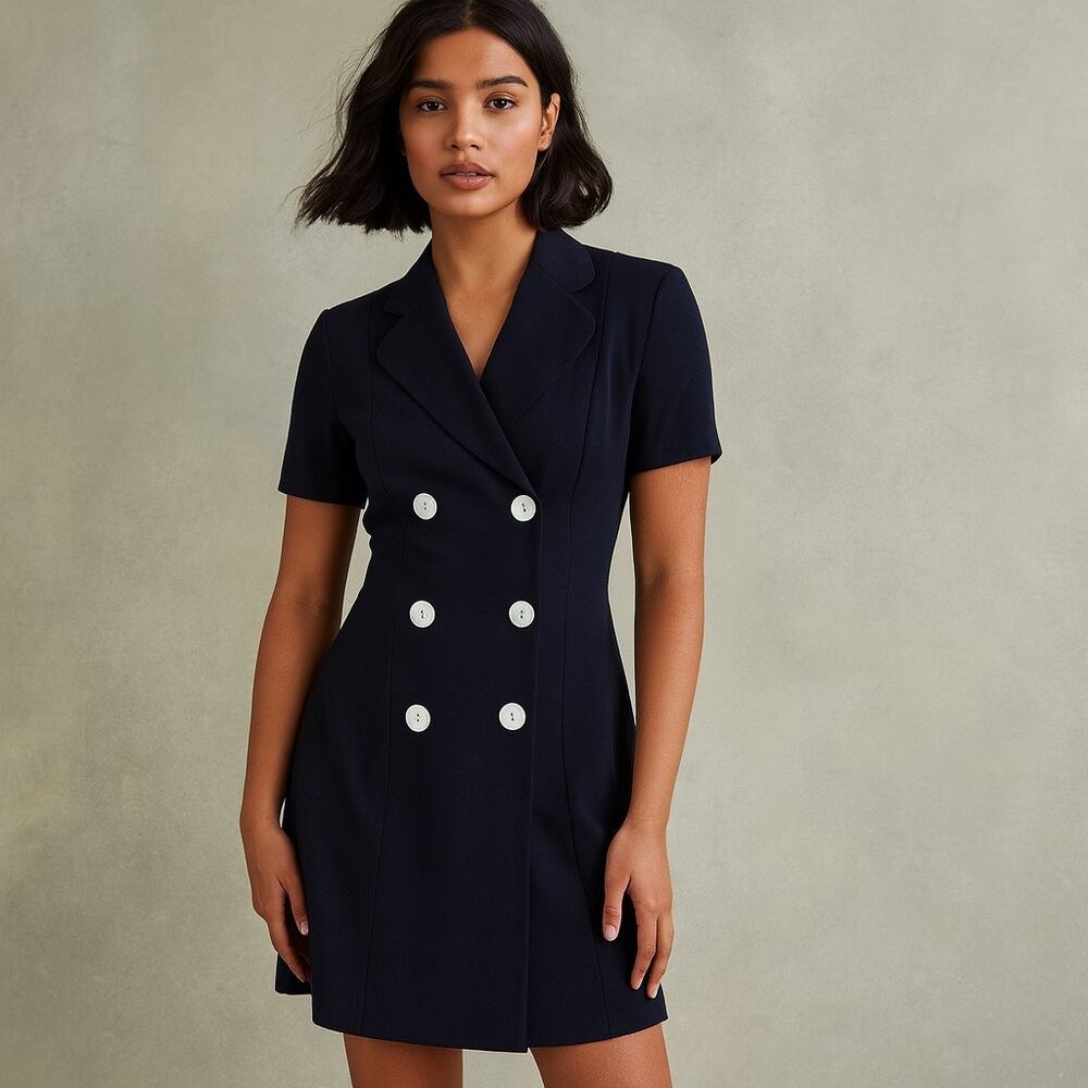 Vintage 80s Navy Blue Double Breated Shift Dress Small Size 4